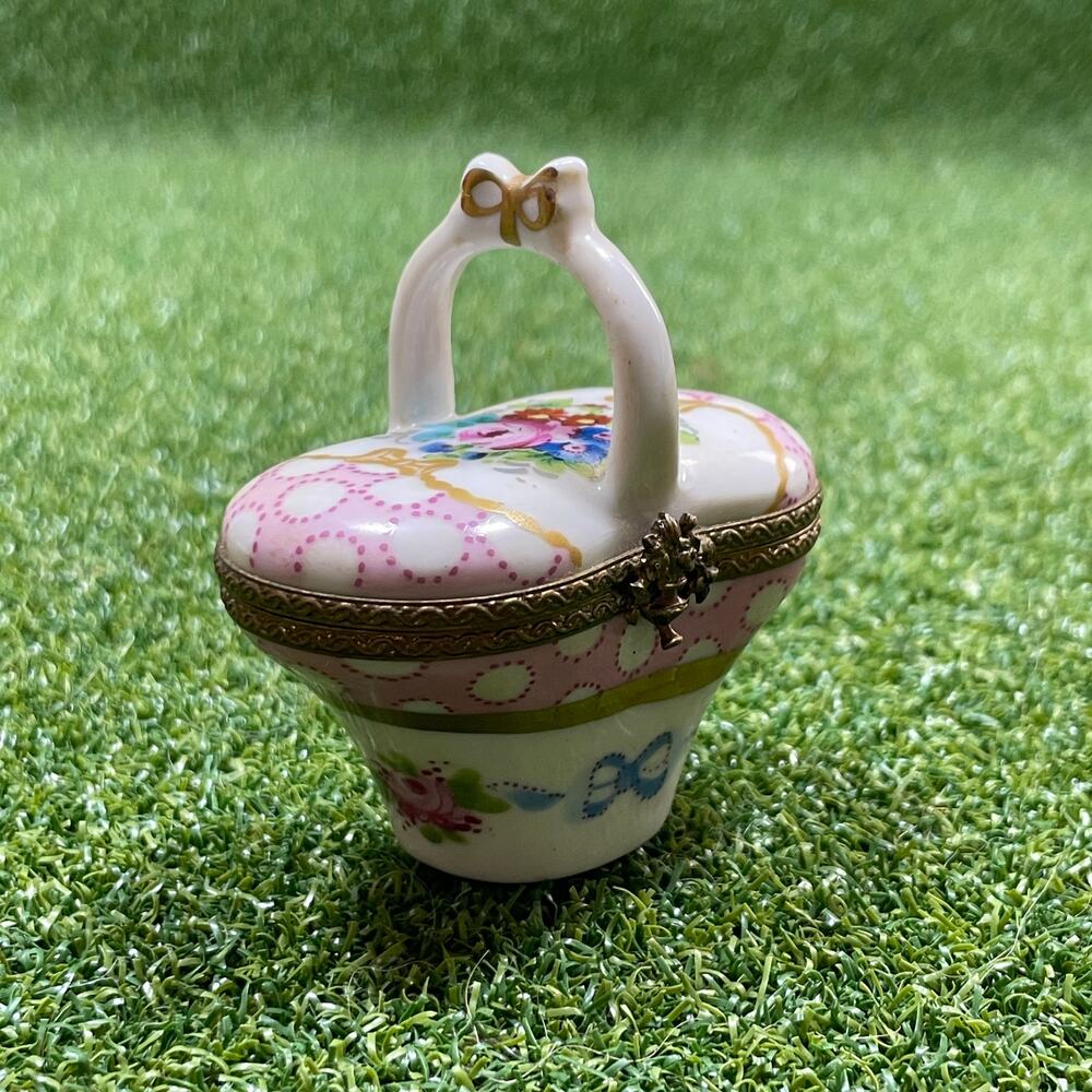 Vintage Limoges France Porcelain Handled Basket Trinket Box